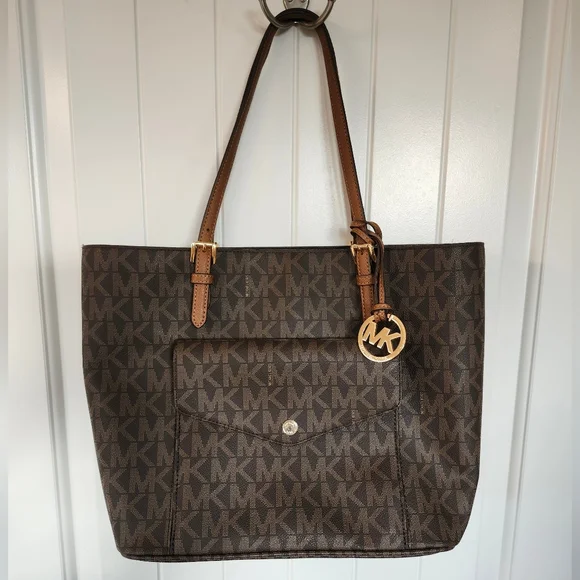 Michael Kors Jet Set Bag Purse 35S6GTTT3B Brown Tan Beige Cream Gold MK Logo - Picture 2 of 9